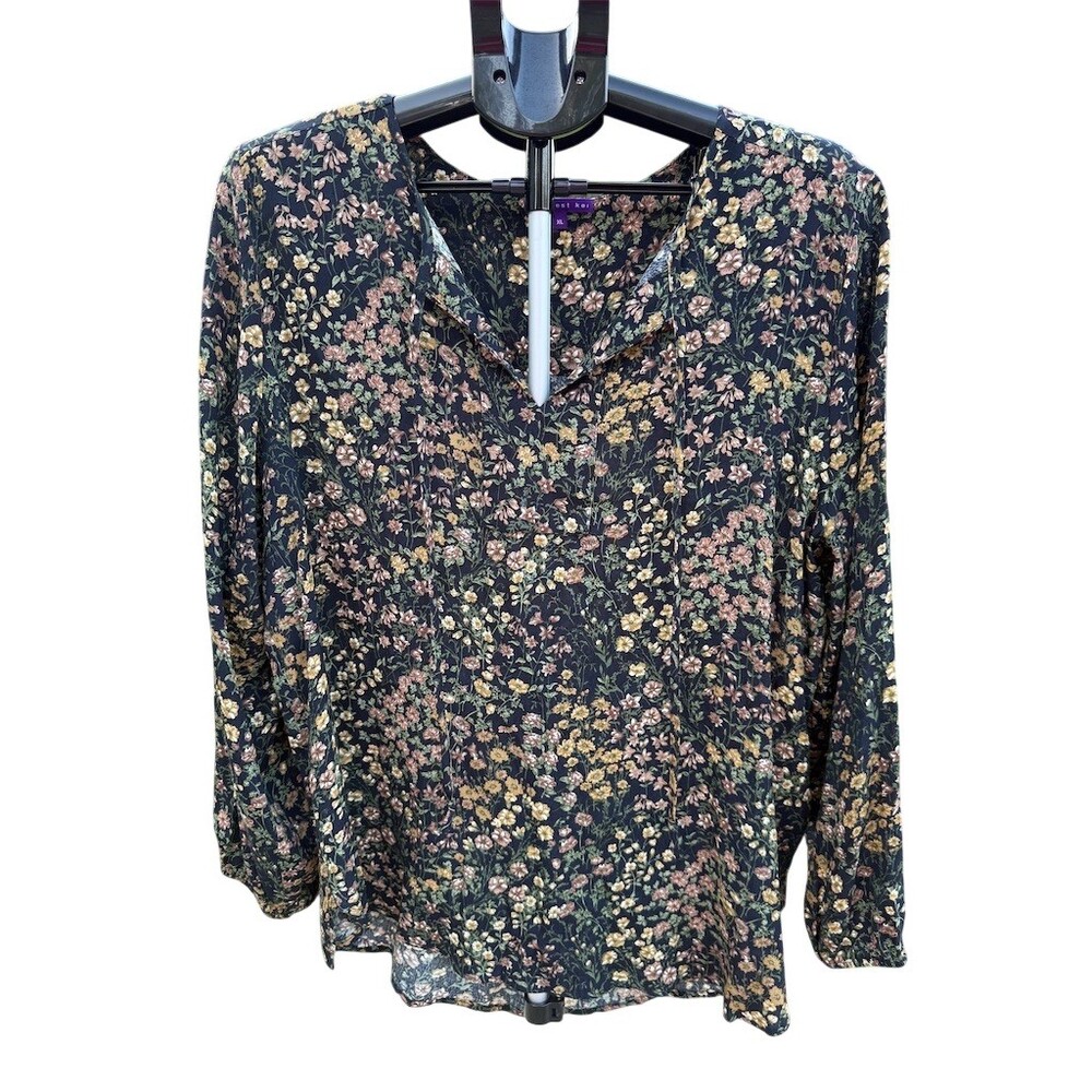 West Kei Blouse Womens XL Navy Floral V-Neck Long Sleeve Pullover Woven